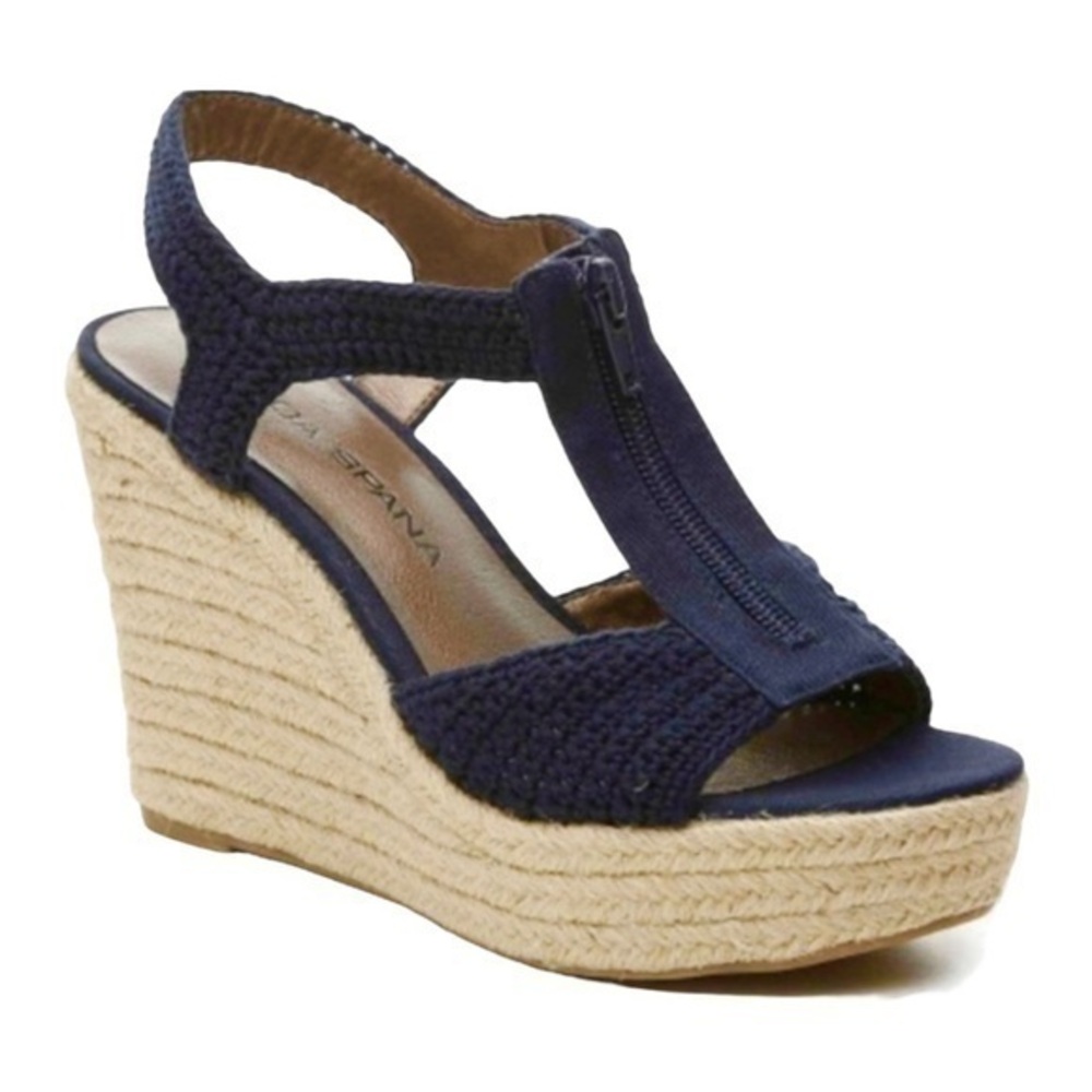 Moda Spana Navy Blue Zip Tan Casual Wedge Sandals Size 9.5